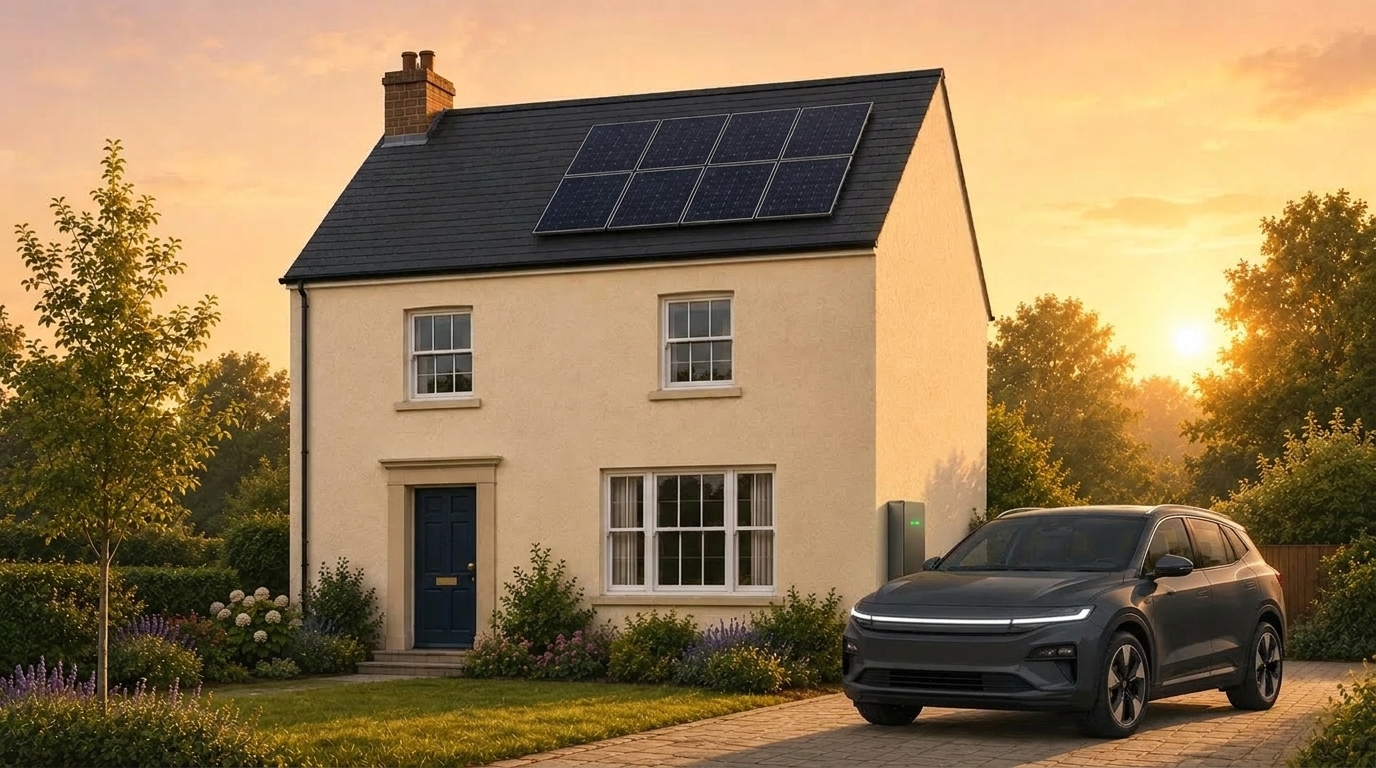 A home with rooftop solar and an EV charging on the driveway at sunset