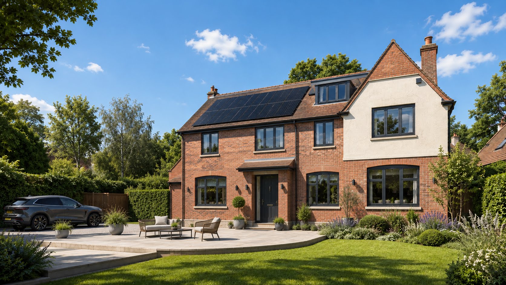 A red-brick suburban home with rooftop solar and an EV parked on the driveway