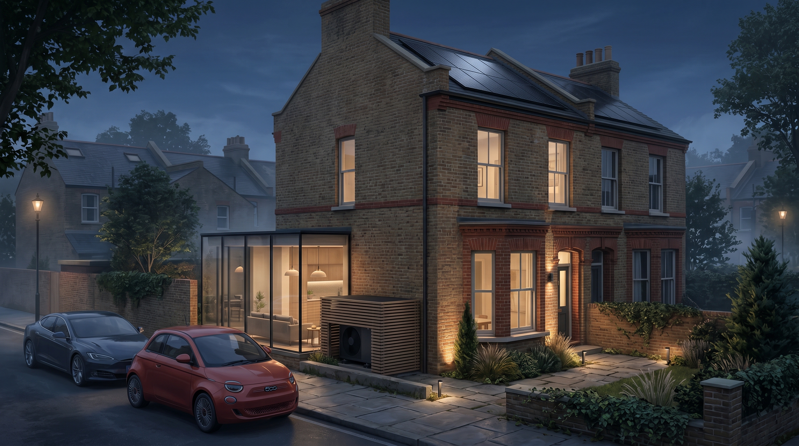 A Victorian townhouse at dusk with rooftop solar, an air-source heat pump, and two EVs parked outside